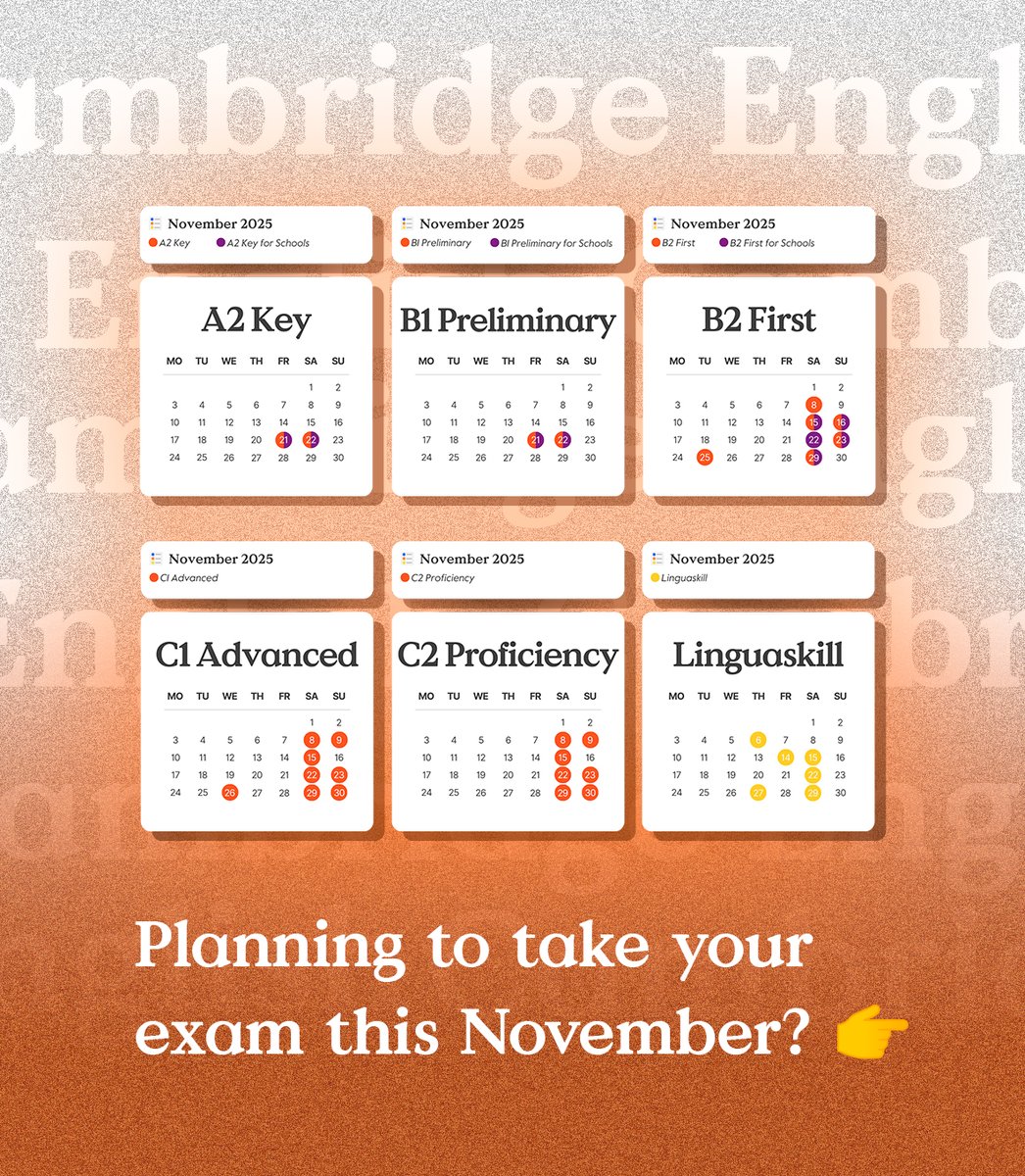 ExamsCatalunya's tweet photo. 📘 Thinking about taking your Cambridge English exam this November? There’s still time to book! 📍 Exam sessions across Catalunya.

🔗 Find dates and register via the link in our bio. https://t.co/q1SY84iFsC
