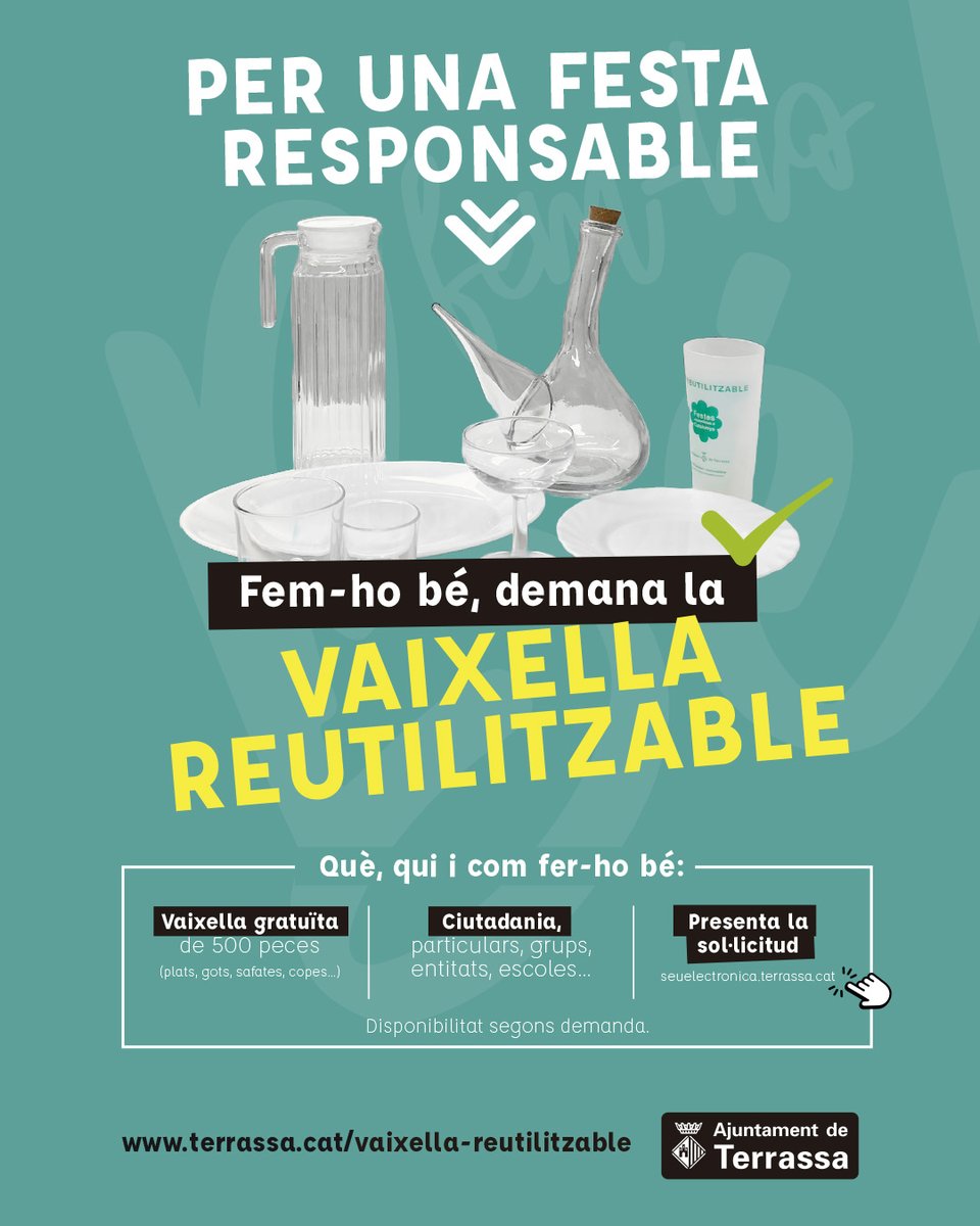 trsmediambient's tweet image. 🎉 Tens una festa o arrossada al barri?
🙅‍♀️ No facis servir plàstic d’un sol ús!
L’Ajuntament t’ofereix vaixella reutilitzable en préstec 🍽️
✅ Fins a 500 persones
✅ +5.000 gots reutilitzables
📩 Demana-ho a 👉 terrassa.cat/vaixella-reuti…
#FestaSostenible #Reutilitza #ResidusZero