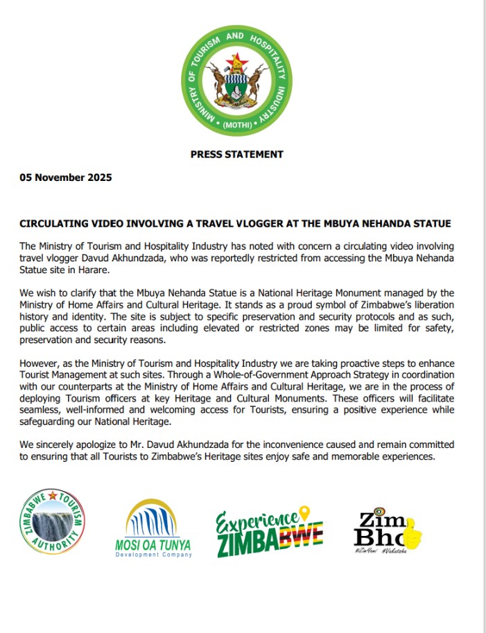 Statement from The Ministry of Tourism and Hospitality Industry in regards to a circulating video involving travel vlogger Davud Akhundzada, who was reportedly restricted from accessing the Mbuya Nehanda Statue site in Harare.