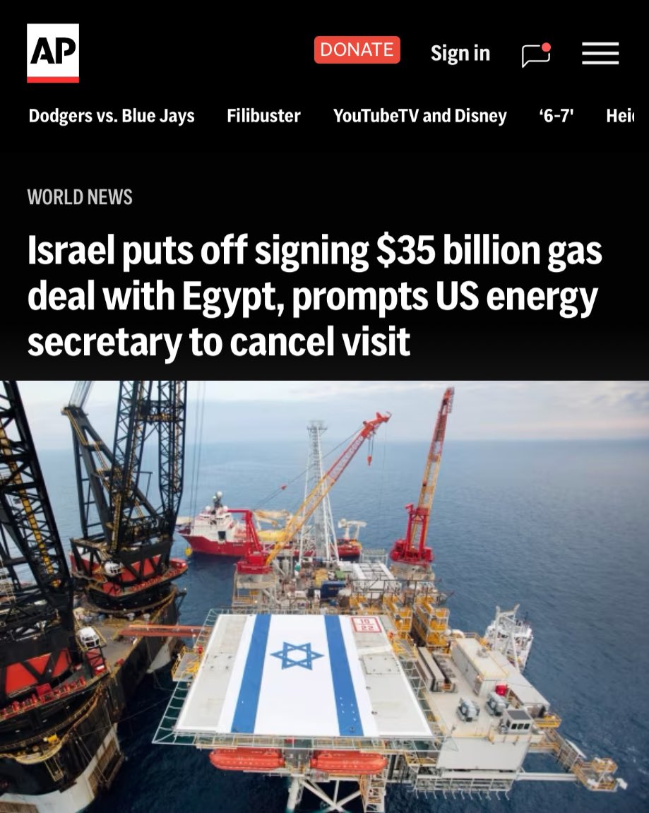 egypt_warfare's tweet image. Israel has suspended its $35B gas agreement with Egypt despite intense pressure from U.S. President Trump’s Admin, after which the U.S. Secretary of Energy Chris Wright cancelled his visit to Israel recently. Israel’s PM Netenyahu had initially frozen the historic $35B energy…