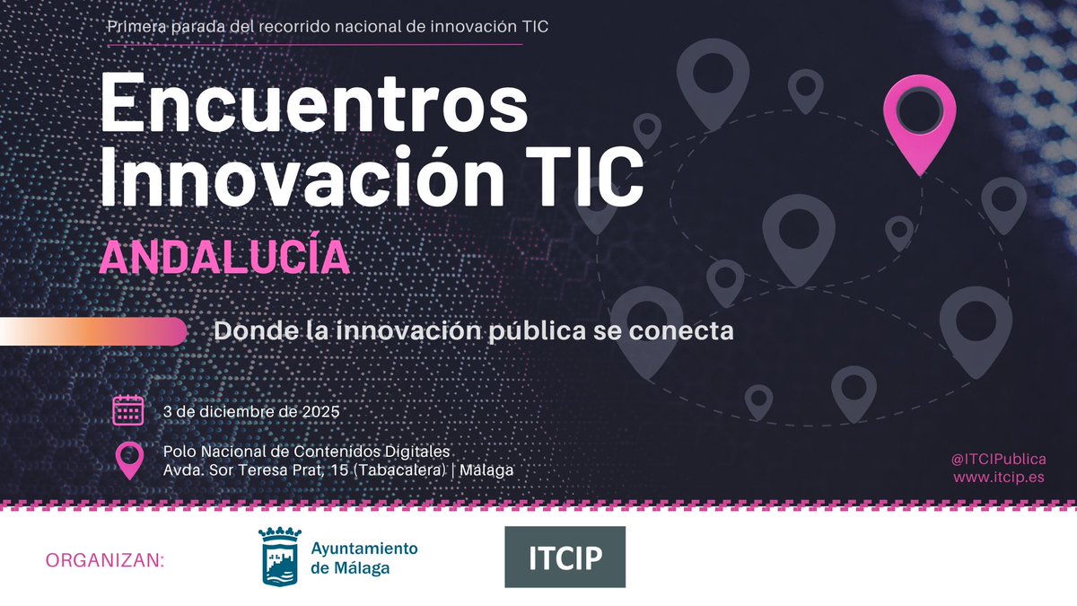 📍 Málaga | 3 de diciembre
El @ITCIP y <a href="/malaga/">Ciudad de Málaga</a> celebran la primera parada de los Encuentros de Innovación TIC, con mesas sobre #IA 🤖, #Cloud ☁️, #Ciberseguridad 🔐 y #Telecomunicaciones 📡.
👉 Solicita tu invitación: sl1nk.com/TCXyU
#InnovaciónPública #TIC