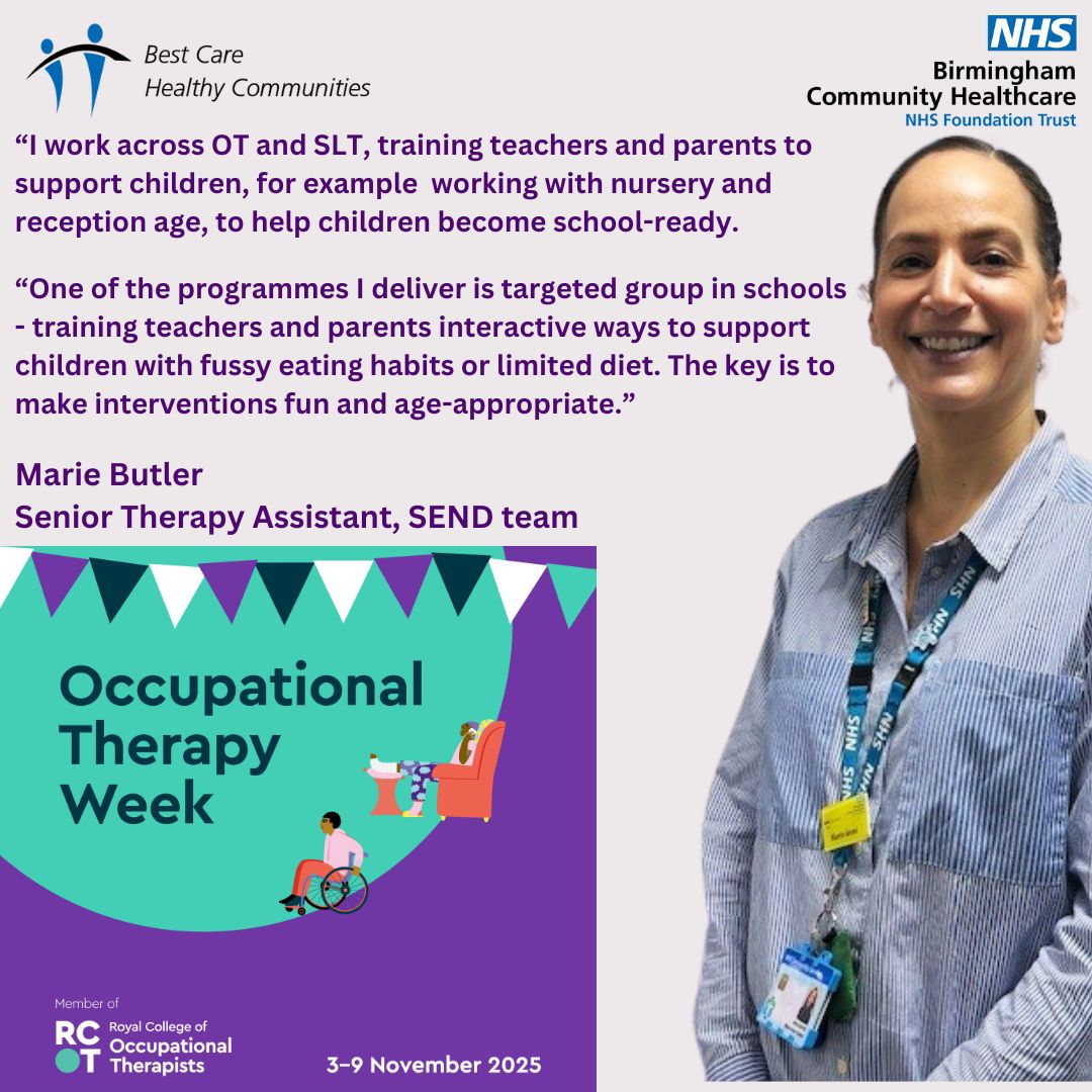 Each day during Occupational Therapy Week 2025, we are introducing you to a Team BCHC colleague. Today, meet Marie Butler, a senior therapy assistant working with teachers, parents and young children in schools across Birmingham.
#otweek2025 #RightTimeOT