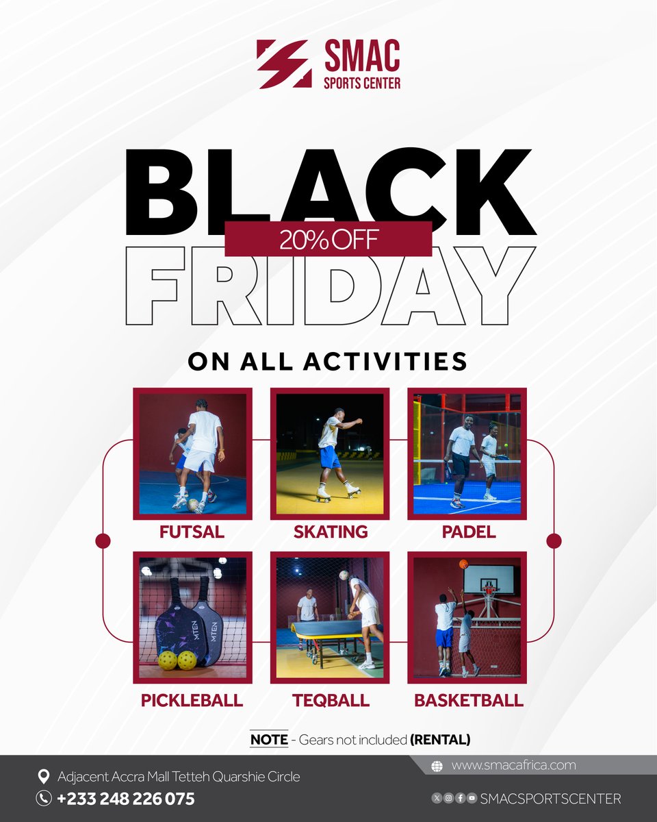 It’s time! ⚡ Black Friday at SMAC Sports Center!
Get 20% OFF every activity on 28th November only 👀
Bring your energy, bring your friends.
❗Gears not included. Let’s go! 💪 #BlackFridayGhana