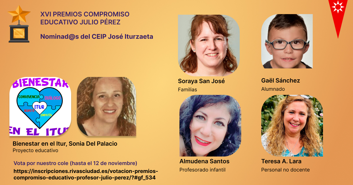 Este año, para los XVI Premios al Compromiso Educativo Profesor Julio Pérez de Rivas tenemos representación del Iturzaeta 🎉🎊

¡No te quedes sin votar!
inscripciones.rivasciudad.es/votacion-premi…
