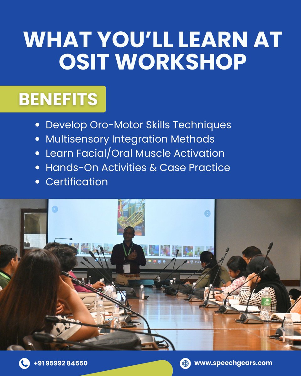 speechgears's tweet image. Unlock better #speech and #feeding with #OSIT!
#experience the #Impact of #advancedsensory and #motortechniques designed for all ages.
#JOIN the #SpeechGears OSIT workshop to learn, practice, and get #cErTiFieD.
Visit us: speechgears.com
#therapy #oralmotortherapy #India