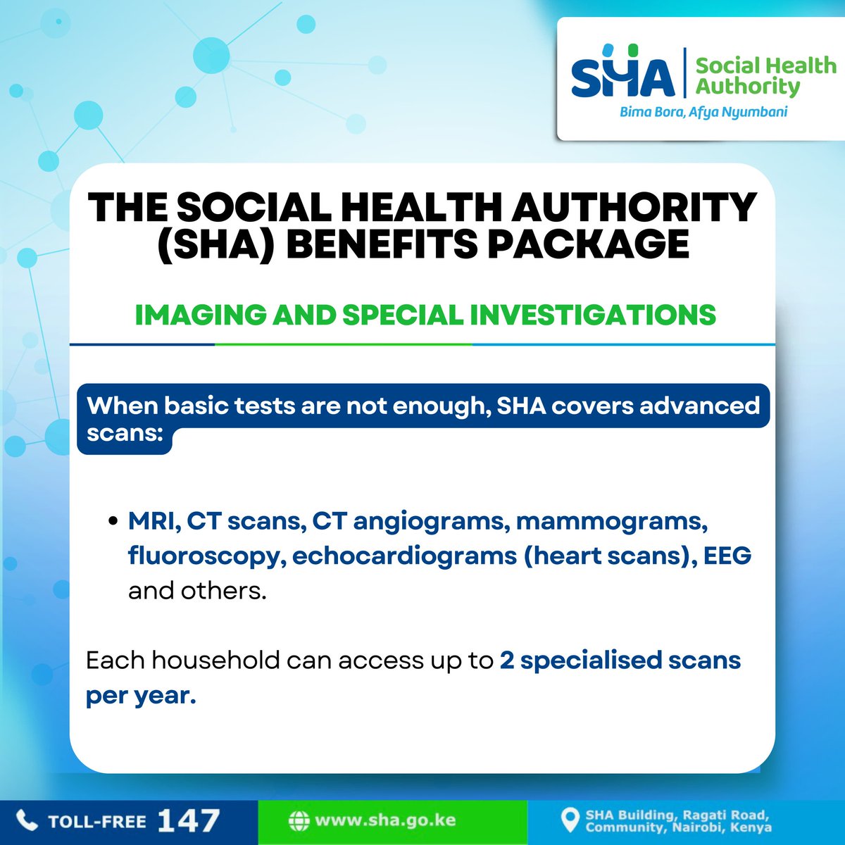 Accurate diagnosis is essential for effective treatment. Through MRI Covered and CT Scans Covered, SHA ensures Kenyans get detailed imaging that identifies complex health issues early, enhancing the overall healthcare experience. #SHAImagingPackage