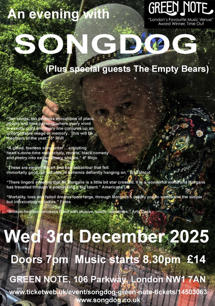 Wed 3 December: Four weeks tonight Songdog are back at the intimate Green Note in Camden. Tickets on sale now from www.ticketweb uk/event/songdog-green-note-tickets/14503063 - don’t miss out!