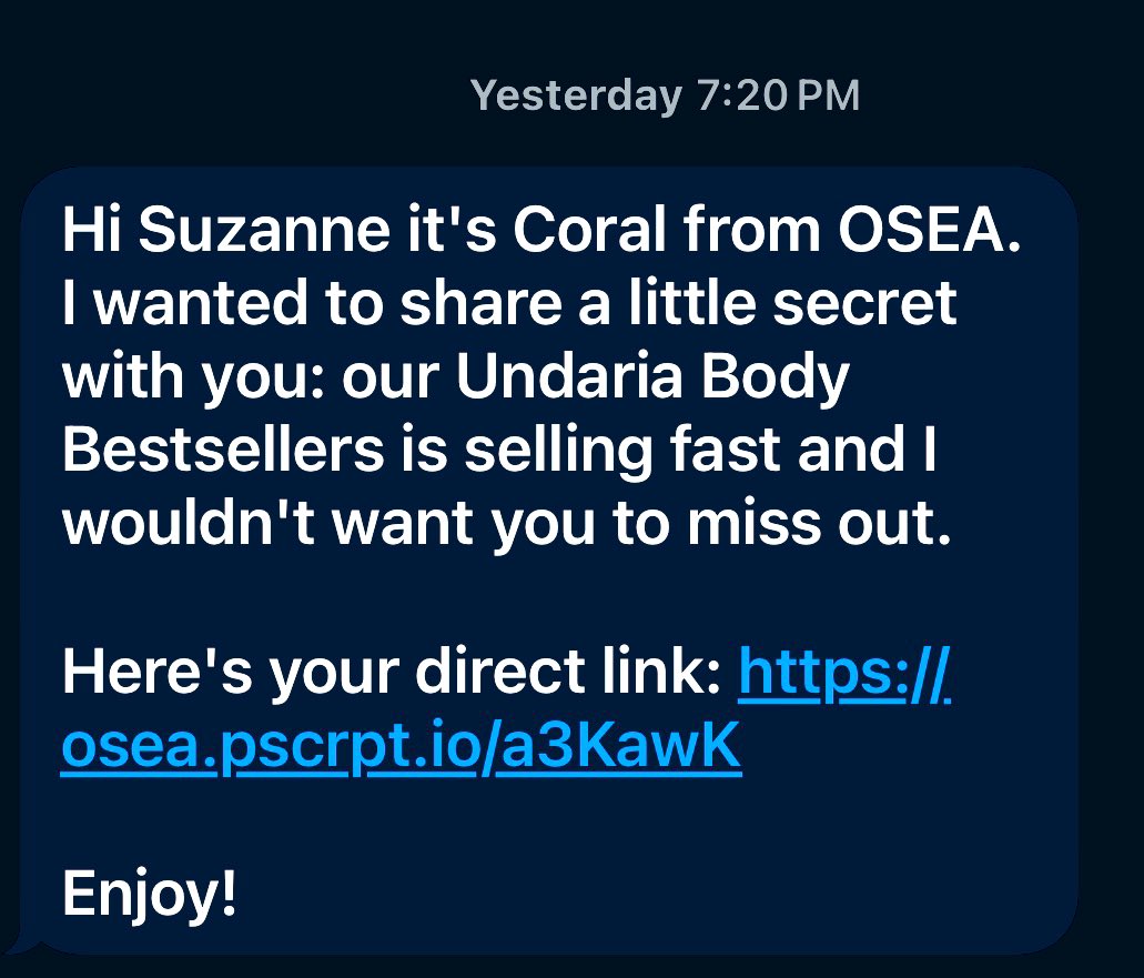 I need to order #Osea #UndariaBodyOil I said to my husband during dinner 😳 Not 30 min later do I get text  from #Osea that my body oil is selling out fast 👀 
My apologies those stuck listening to me ✌️ TY Coral for the heads UP ✌️ And was not on the site…. Only spoke it