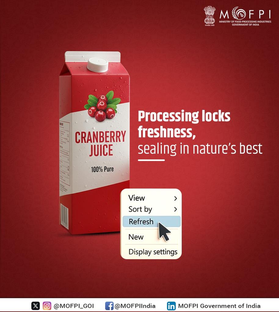 MOFPI_GOI's tweet image. Need a burst of Refresh! 

Processing locks freshness, sealing in nature’s best and capturing the tangy goodness of cranberry juice — so every sip is pure, vibrant and full of vitality.

#Refresh #GoodnessPreserved #MOFPI