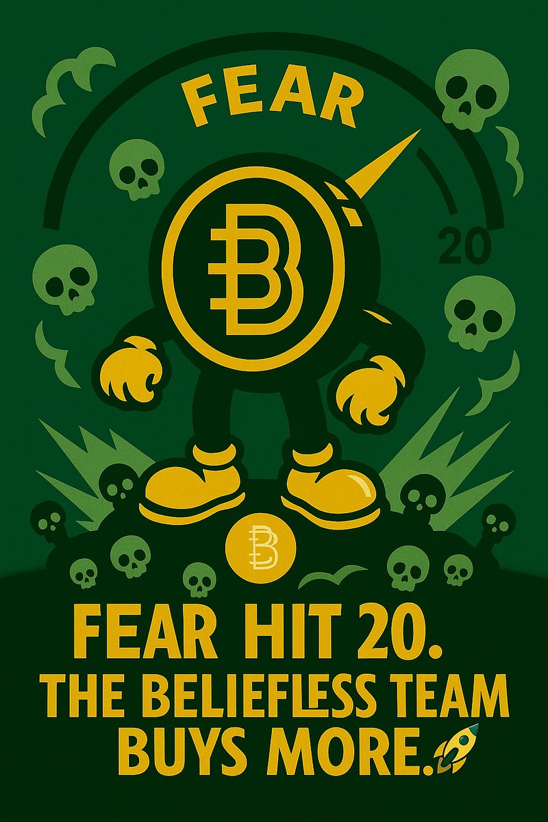BelieflessCoin's tweet image. 😱 Fear &amp;amp; Greed Index just hit 20 — extreme fear.

But while the market panics…
The Beliefless team loads up. 💰🪙

Fear creates opportunity — and we’re not missing it.
#Beliefless #Crypto #Solana #FearAndGreed #BuyTheDip