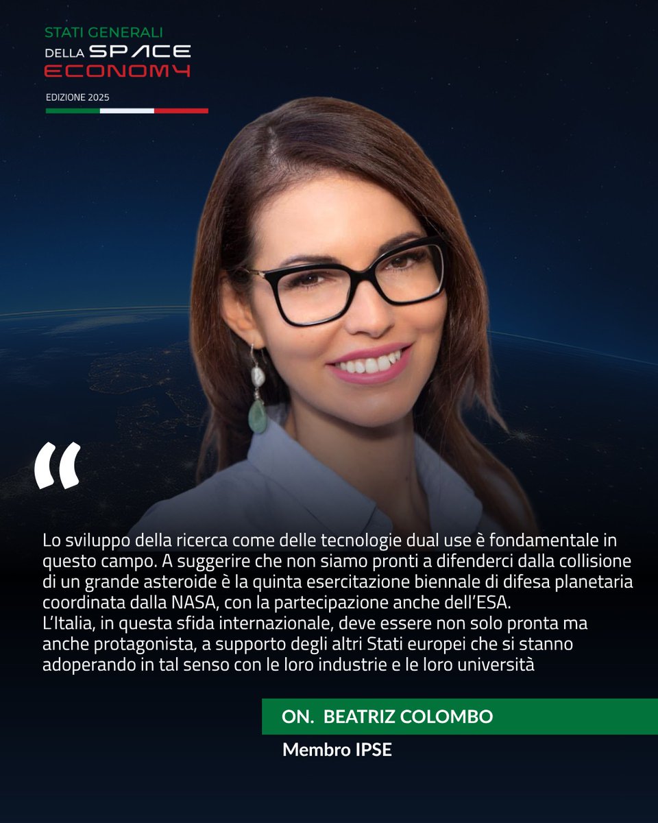 IpseSpaceEcon's tweet photo. «Servono protocolli di difesa planetaria, decisioni politiche, risorse tecnologiche ed agenzie impegnate. Con loro anche le aziende sono fondamentali.»
Così On. Beatriz Colombo, Membro IPSE, agli #StatiGeneraliSpaceEconomy2025 https://t.co/RHcOvJxmmd