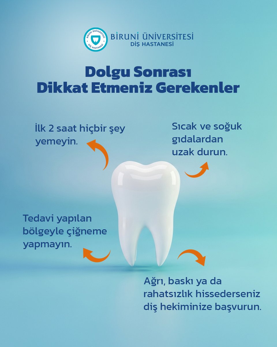 Dolgu sonrası bakım, tedavinin başarısı için en önemli adımdır.
Basit önlemlerle dolgunuzun ömrünü uzatabilir, diş hassasiyetini önleyebilirsiniz.

🦷 Düzenli kontroller, uzun ömürlü gülüşlerin anahtarıdır.

📞 Randevu ve bilgi: 444 8 276
💙 SGK kurum anlaşmamız bulunmaktadır.
