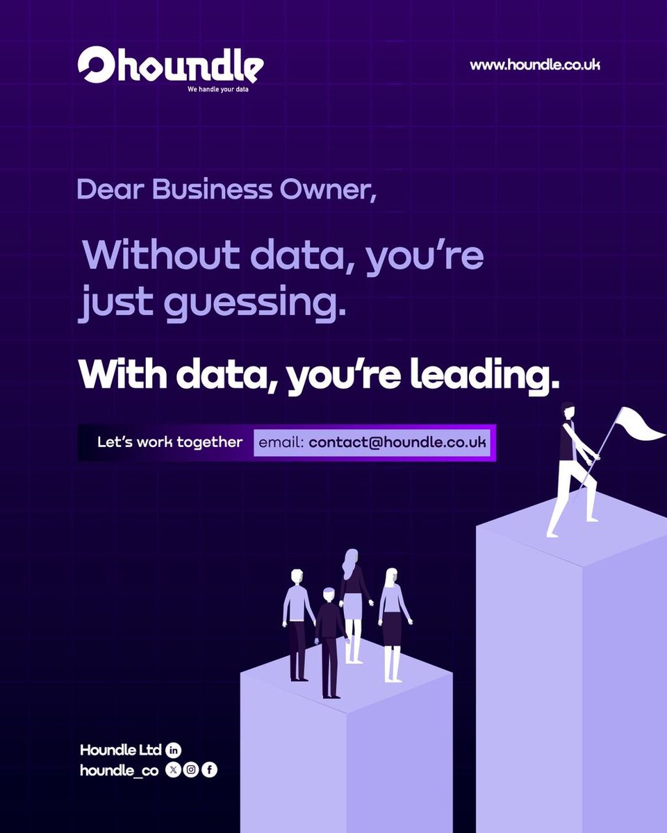 As a business owner, you don’t have to guess your next move. Let your data guide you. With the right analytics and insights, your business decisions become faster, clearer, smarter and more impactful.

At Houndle, we help you turn your data into meaningful solutions.