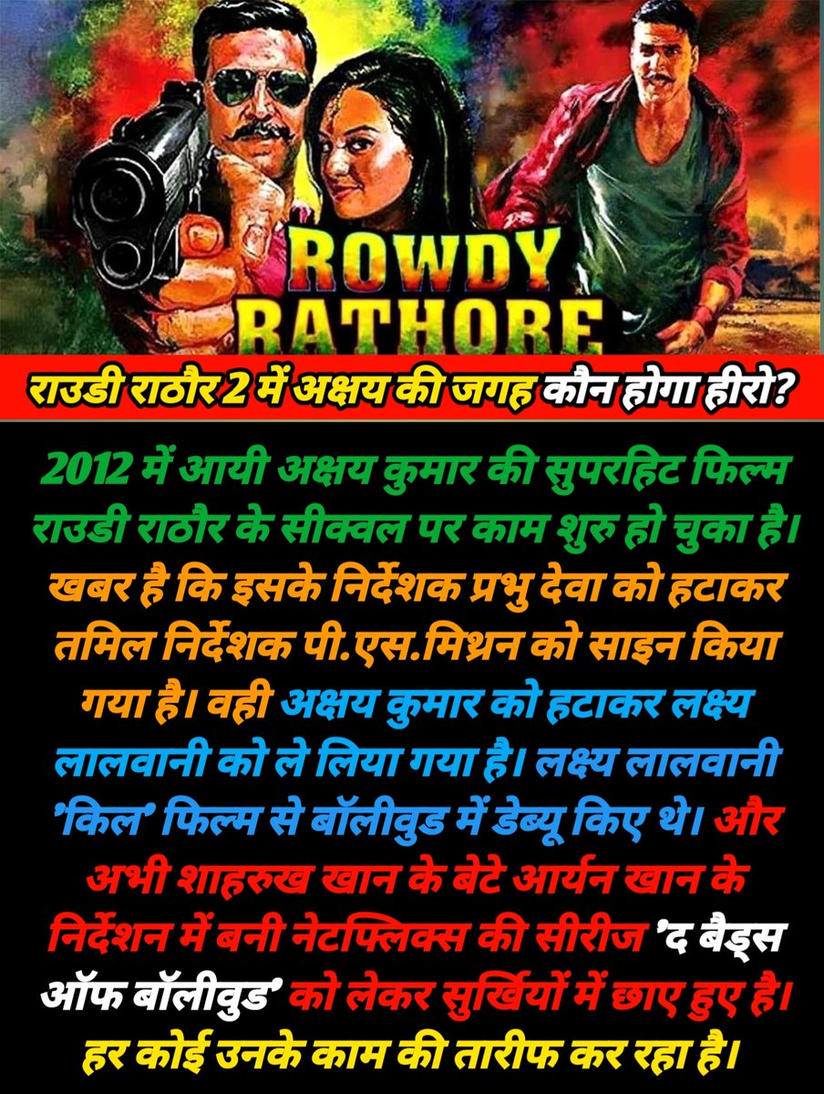 DirectDurgesh's tweet image. राउडी राठौर 2 में अक्षय की जगह कौन होगा हीरो?
#akshaykumar #LakshyaLalwani #RowdyRathore #PrabhuDeva #durgeshentertainingadda #durgeshpandey #trendingreel #viralreel #reels #bollywood #entertainment