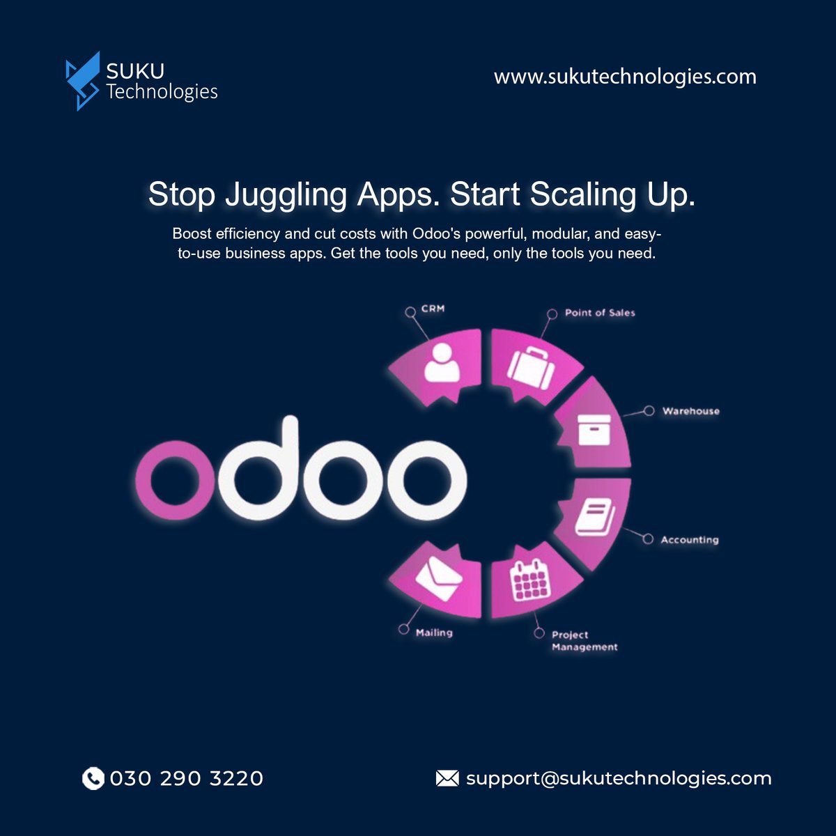 sukutech_'s tweet image. Stop losing money to disconnected systems! 

Upgrade to Odoo ERP from Suku Technologies. Get Sales, Accounting, Inventory, and HR fully integrated in one simple platform. Automate everything.

Ready to gain control?
Call us now: 030 290 3220

#OdooERP #OneSystem #BusinessGrowth