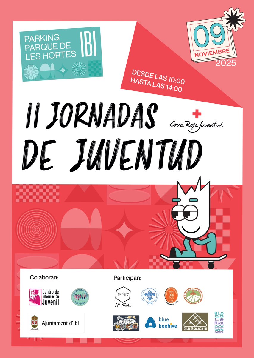 #IbiJuventud]🎉☺️¡Llegan las II Jornadas Juveniles 2025 en Ibi!
Domingo, 09/11🕙10-14h 
📍Parking Parque Les Hortes
Talleres, juegos, ajedrez gigante, deportes, mural “pinta con los pies”, batucada y mucha diversión.
👉Participa y descubre las actividades de asociaciones locales.