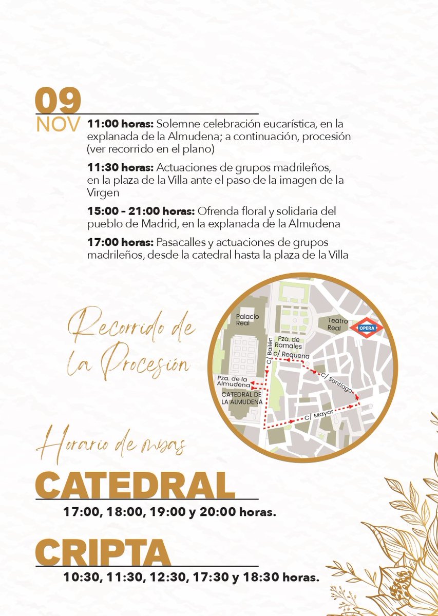 🎉Hoy comienzan los actos en honor a la #VirgenDeLaAlmudena

🗓️Del 5 al 7 de noviembre, la catedral acoge el triduo a las 19h

🎶Mañana, a las 20h, concierto Banda Sinfónica Municipal

💐Ofrenda floral los días 6, 7 y 8 en la explanada de la Almudena

archimadrid.org/index.php/ofic…