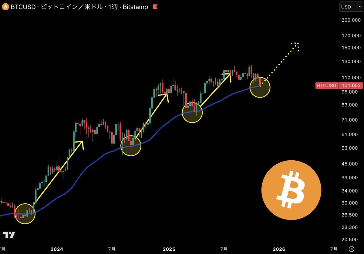 新ATHの前兆。ビットコインが再び「50週移動平均線」にタッチ。 このラインに触れるたびに、ビットコインは史上最高値（ATH）を更新してきました。  既に天井でサイクル終了か、ATH更新の世界線か。分岐点です🚀