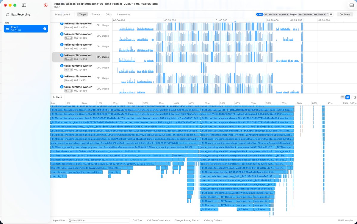 OnlyXuanwo's tweet image. The best thing I’m happy with on macOS is Instruments. It’s really easy to use and super helpful. Rust developers can use cargo-instruments, developed by @cmyr, to make it even easier—just run:

cargo instruments -t time --bench random_access