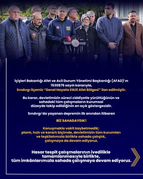 First image displays a group of people including men and women in formal attire such as jackets and suits standing together outdoors with some wearing sashes labeled with Turkish text indicating official roles one person holds a microphone and another a flag with a logo resembling AFAD the background shows a blurred outdoor setting with trees and buildings second image presents a typed Turkish document detailing building inspections independent sections damage assessments financial allocations for aid including amounts in Turkish Lira for municipality muhtarlıks households relocation support furniture and cash assistance with signatures at the bottom including one from Belgin Uygur.