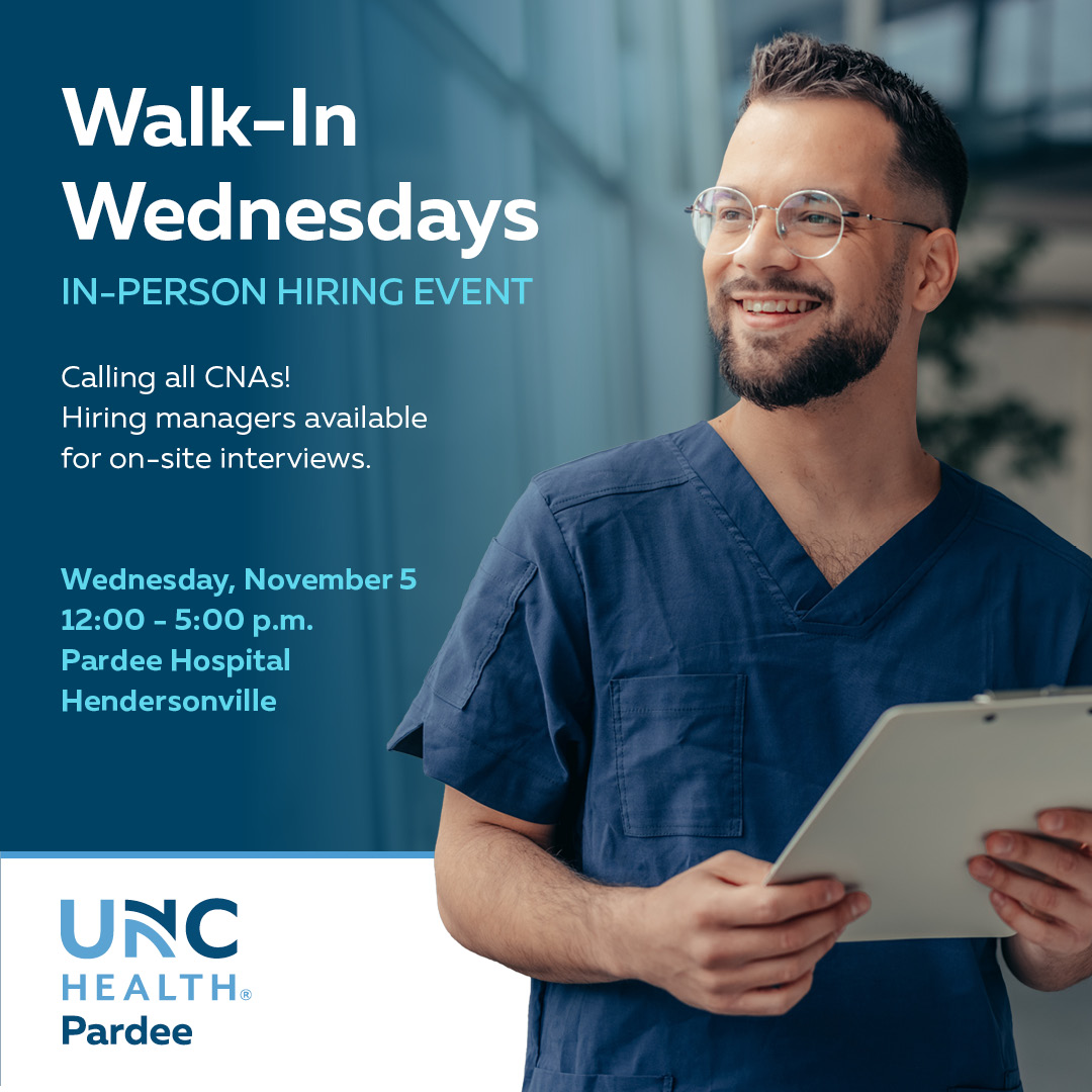 Walk-In Wednesday is today from noon to 5pm!

🩺 Calling all Certified Nursing Assistants – hiring managers will be available for on-site interviews for CNA roles.

Learn more at pardeehospital.org/walkinwednesda…