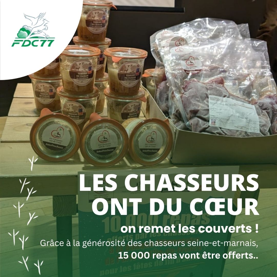 La chasse, c’est aussi le partage 🌿

 En 2024 : 10 000 repas offerts aux plus démunis grâce aux chasseurs seine-et-marnais et d’Ile de France🙏
 On remet les couverts : rejoignez l’opération #ChasseursOntDuCœur 💚

 📩 communication@fdc77.fr

 #FDC77 #Solidarité #Partage