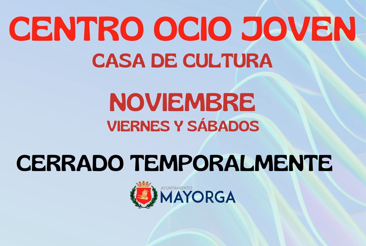 Se informa a todos los usuarios que el Centro de Ocio Joven permanecerá cerrado temporalmente, debido a que la animadora cultural se encuentra de baja.

Les mantendremos informados sobre la fecha de reapertura en cuanto sea posible.