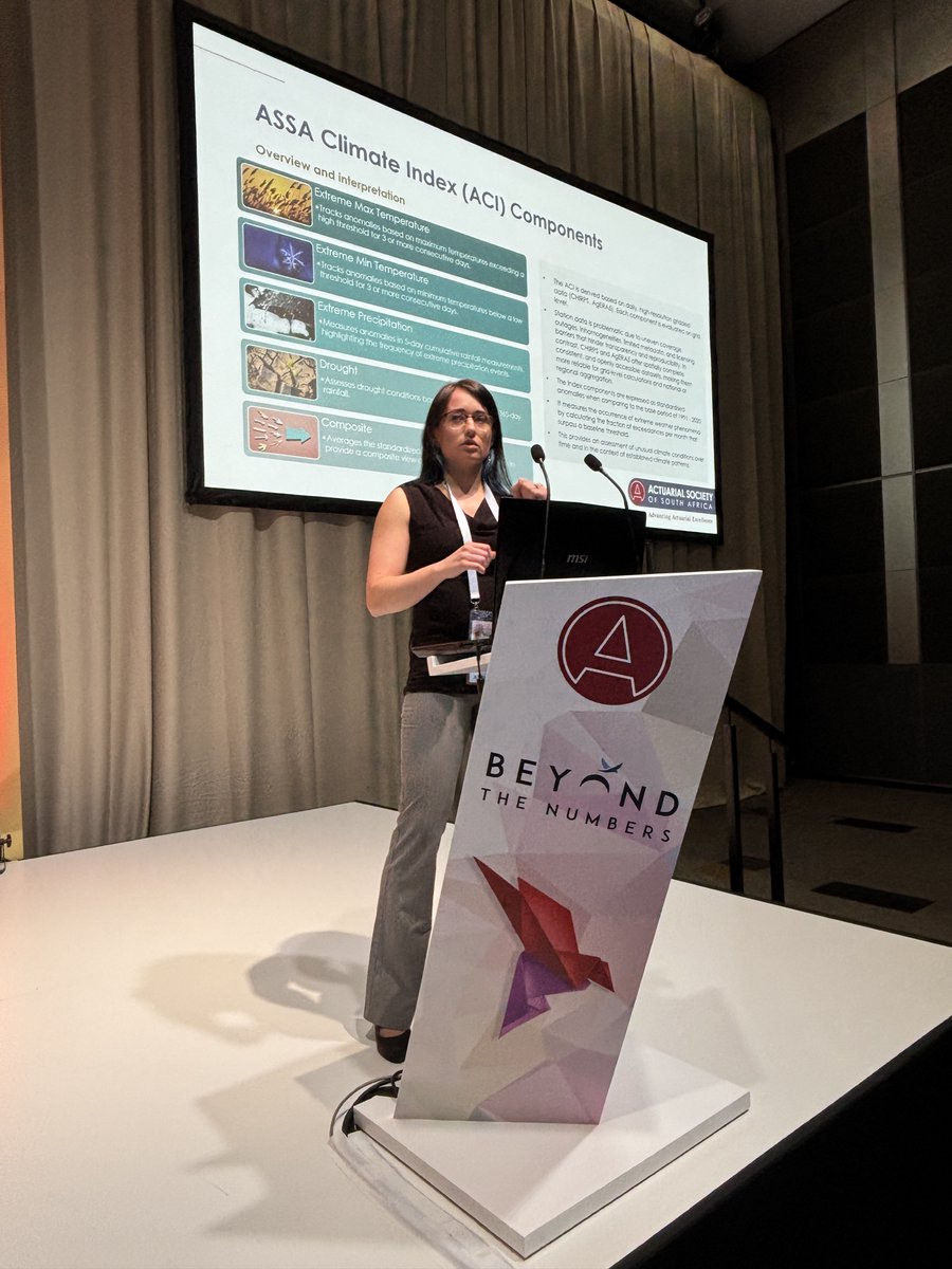 ActuarialSa's tweet photo. Actuaries Professor Rendani Mbuvha and Dr Nadine van der Walt demonstrate the @ActuarialSa Climate Index at #ASSA2025ZA. The index aims to facilitate informed risk management by insurers, medical aid schemes, policymakers, and other stakeholders who are likely to suffer losses as a result of changing climate patterns. The index is available here: https://t.co/A2YgCEjx8i