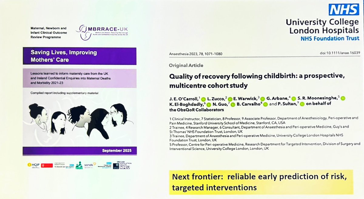 OBsleepmerchant's tweet photo. Dr Sarah Ciechanowicz suggests recovery is the next frontier for #OBAnes to conquer, following in footsteps of @stanfordanes group (@CarvalB @PervezSultanMD et al), @mbrrace having called for reliable predictors of risk. #OBAnes #3DC25 https://t.co/klGPxzj9sU
