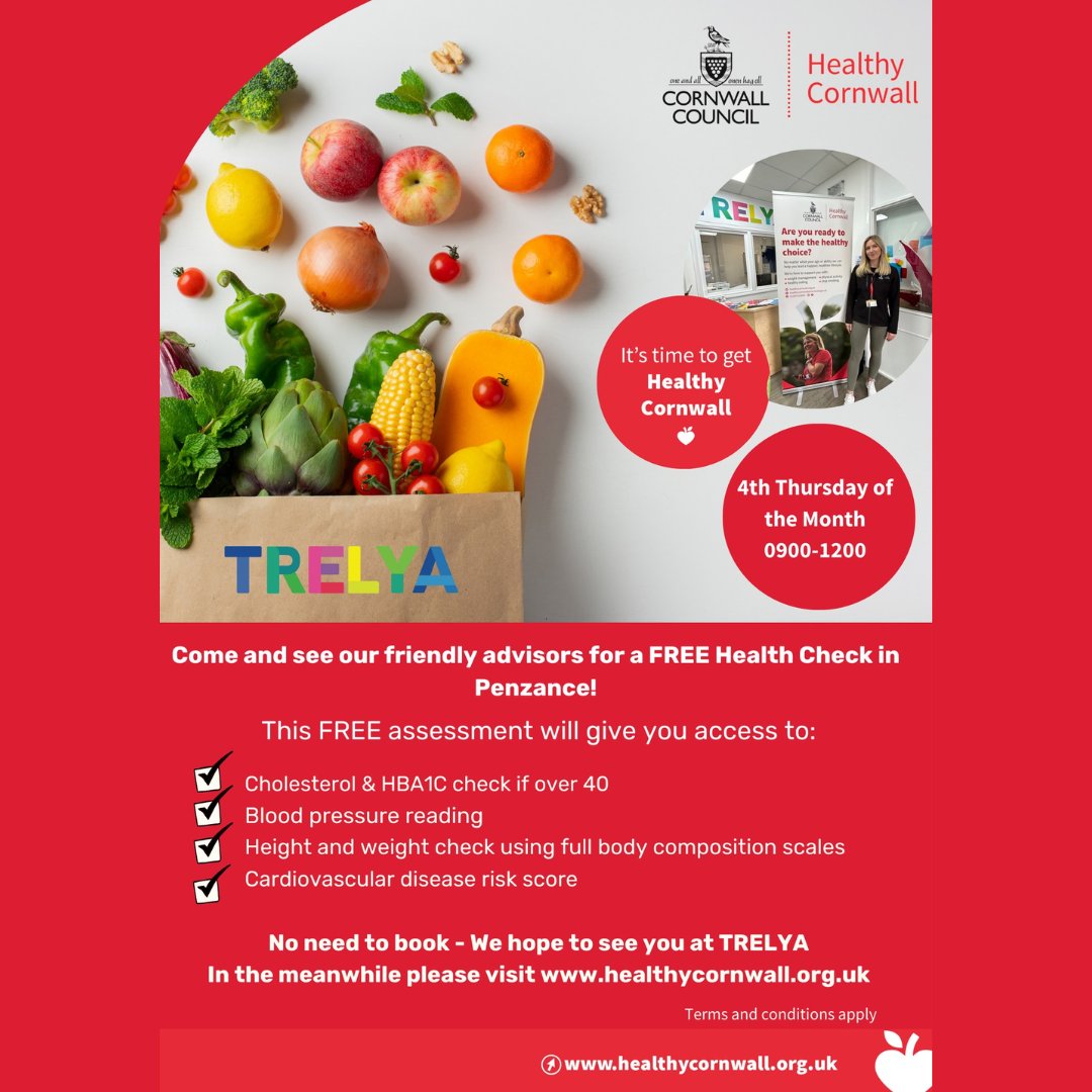 TrelyaCornwall's tweet image. @HealthCornwall will be joining us at Trelya next week, Thursday 27th November, offering free health checks between 9am and 12pm.

No need to book, just pop in to meet their friendly team!