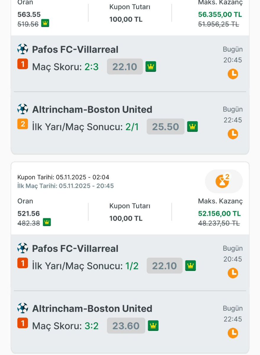 BOL KAZANÇLI GÜNLER

Pafos FC-Villarreal   1/2 skor 2-3

Altrincham-Boston United    2/1   skor 3-2