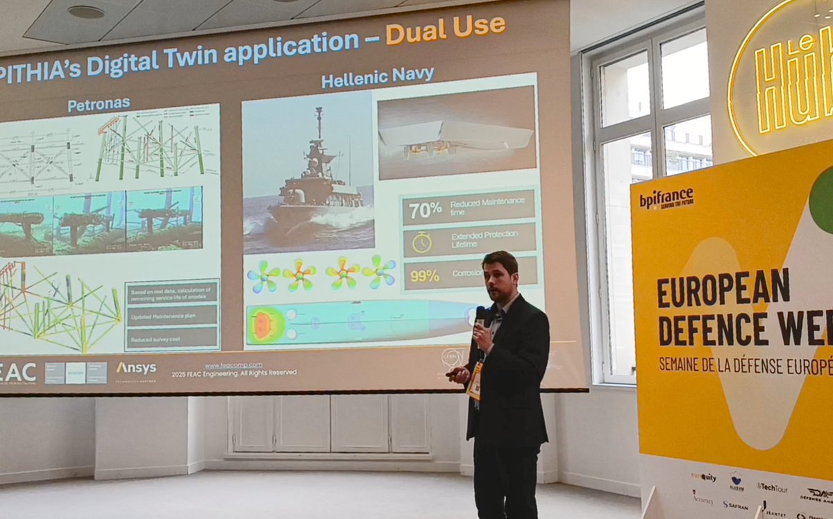 FEACEngineering's tweet image. FEAC was honored to participate in @Bpifrance&apos;s 𝐄𝐮𝐫𝐨𝐩𝐞𝐚𝐧 𝐃𝐞𝐟𝐞𝐧𝐜𝐞 𝐖𝐞𝐞𝐤 and proud to present 𝐏𝐈𝐓𝐇𝐈𝐀 — our physics-informed, real-time Digital Twin platform developed to enhance the security, safety, and operational resilience of critical infrastructure.