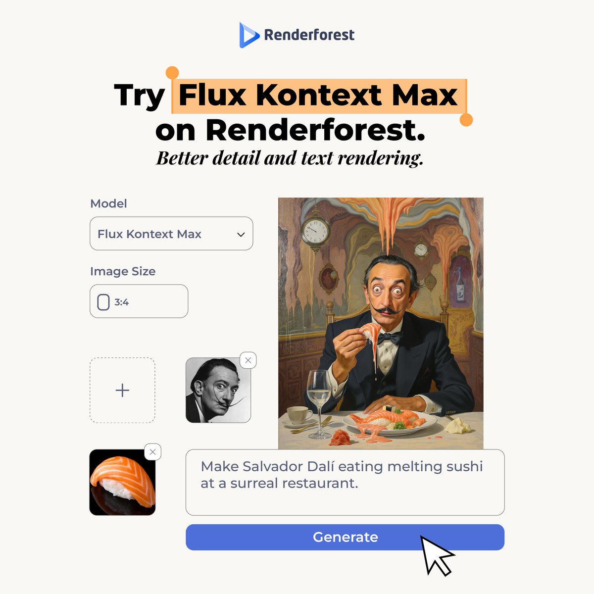 renderforestcom's tweet image. ✨ You can achive sharper details and smarter text with Flux Kontext Max model on Renderforest.

#Renderforest #AIImageGenerator #FluxKontextMax