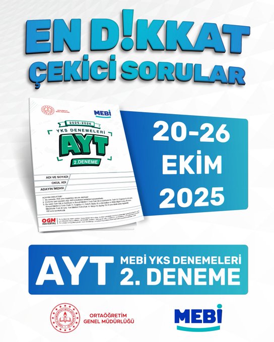 First image displays a promotional poster with bold blue and green text announcing attention-grabbing questions for AYT 2. Deneme exam from 20-26 October 2025, including MEBI and YKS logos, a sample form document, and seals from Turkish Ministry of Education and OGM. Second image shows a multiple-choice question in Turkish about command analysis in literature with options A through E under TYT Turkish Language and Literature test. Third image presents a history question on which group is not part of Turkic-Islamic states with options A through E under TYT History-Social Sciences test. Fourth image features a geography question on geological formations and basin types with options A through C and E under TYT Geography-Social Sciences test.