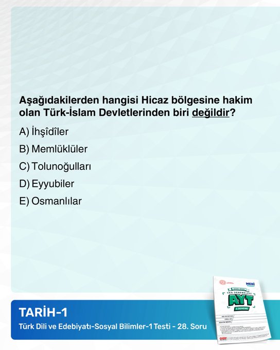 First image displays a promotional poster with bold blue and green text announcing attention-grabbing questions for AYT 2. Deneme exam from 20-26 October 2025, including MEBI and YKS logos, a sample form document, and seals from Turkish Ministry of Education and OGM. Second image shows a multiple-choice question in Turkish about command analysis in literature with options A through E under TYT Turkish Language and Literature test. Third image presents a history question on which group is not part of Turkic-Islamic states with options A through E under TYT History-Social Sciences test. Fourth image features a geography question on geological formations and basin types with options A through C and E under TYT Geography-Social Sciences test.