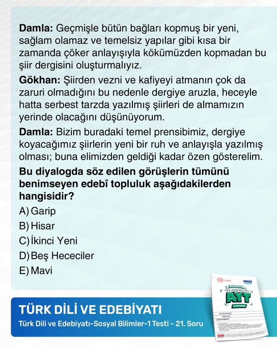 First image displays a promotional poster with bold blue and green text announcing attention-grabbing questions for AYT 2. Deneme exam from 20-26 October 2025, including MEBI and YKS logos, a sample form document, and seals from Turkish Ministry of Education and OGM. Second image shows a multiple-choice question in Turkish about command analysis in literature with options A through E under TYT Turkish Language and Literature test. Third image presents a history question on which group is not part of Turkic-Islamic states with options A through E under TYT History-Social Sciences test. Fourth image features a geography question on geological formations and basin types with options A through C and E under TYT Geography-Social Sciences test.