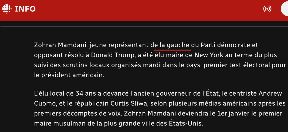 frankdedomiseur's tweet photo. Sans surprise, dans certains médias où on parle d'extrême droite sans arrêt, Mamdani n'est que de « la gauche du parti démocrate ». Surtout pas d'extrême gauche, anti-capitaliste ou socialiste (ce qu'il se revendique lui-même d'être en passant). 

«Ses propositions relèvent plutôt de la social-démocratie.» dit-on plus loins dans l'article... euhhh non. Des épiceries gérées par le gouvernement ce n'est pas de la sociale-démocratie, c'est du socialisme.
