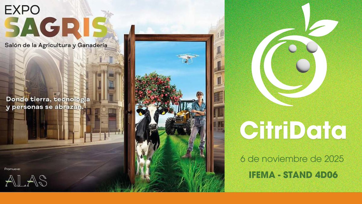 🌱¡Nos vemos en <a href="/sagris_madrid/">SAGRIS</a>! 🙌
<a href="/CitriData/">CitriData</a> estará mañana en el stand 4D06 de la <a href="/CatedraENIAgri/">Cátedra ENIA Agricultura</a>, donde nuestro equipo realizará demostraciones para mostrar cómo utilizamos los #Datos y la tecnología para acercar la innovación agro a los más pequeños.

🔗ifema.es/exposagris/ent…