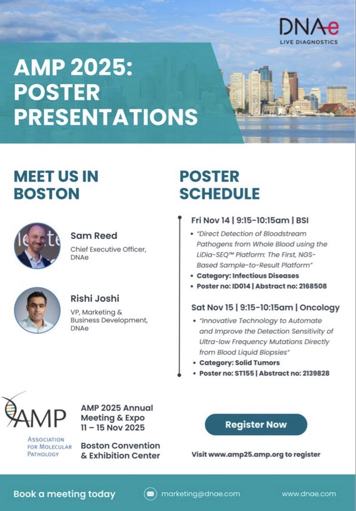 📣 DNAe to unveil new data at #AMP2025 on LiDia-SEQ™ 🧬  

🧫 Oncology  
🦠 BSI detection  
💊 AMR

Meet the team in Boston ✈️🤝  
👉 dnae.com/dnae-amp-2025/ 

Full release 🔗 dnae.com/news-posts/amp…

#NGS #diagnostics #medtech