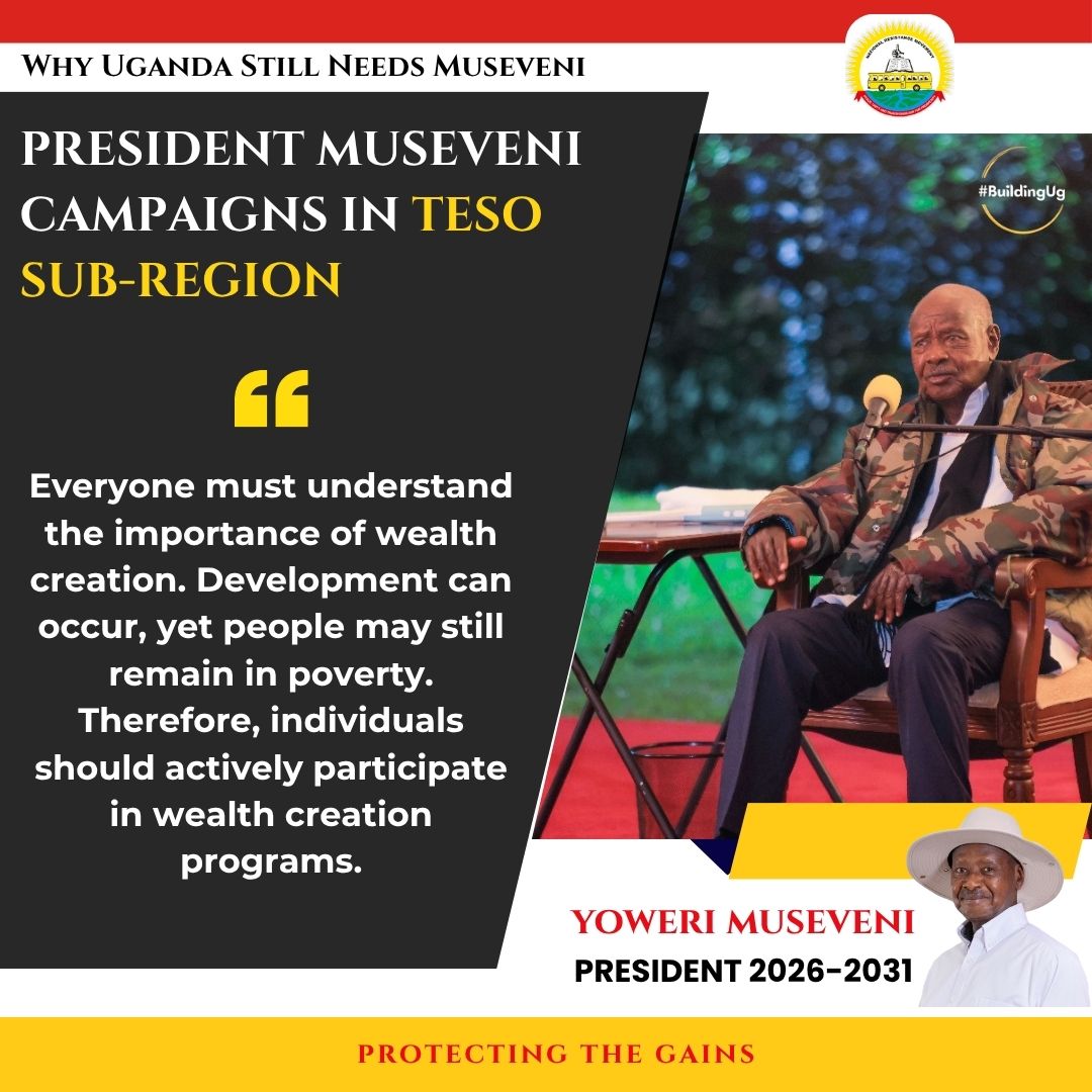 President Yoweri Museveni emphasized that individuals should actively participate in wealth creation programs.
#ProtectingTheGains  #WhyUgStillNeedsM7