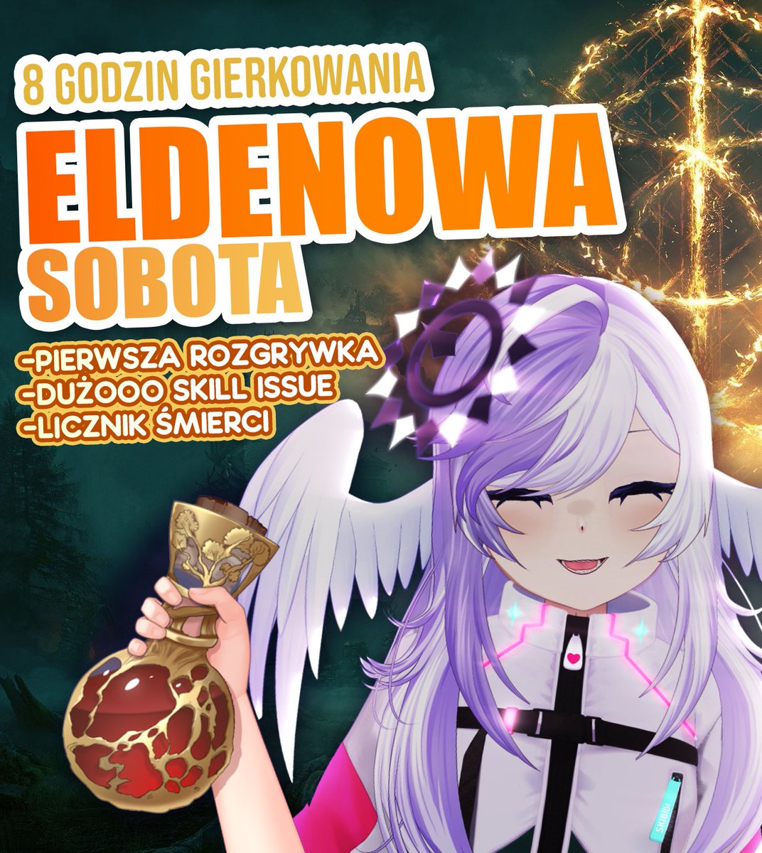 【Eldenowa Sobota】
Pierwsze podejście do Elden Ring
zaczynamy od ośmiu godzin grania! 
To będzie mój pierwszy raz z gatunkiem soulslike, więc możecie spodziewać się:
- krzyku
- chaosu
- wielu przypadkowych akcji
Do zobaczenia~

Tagi
#plvtuber #vtuberpl