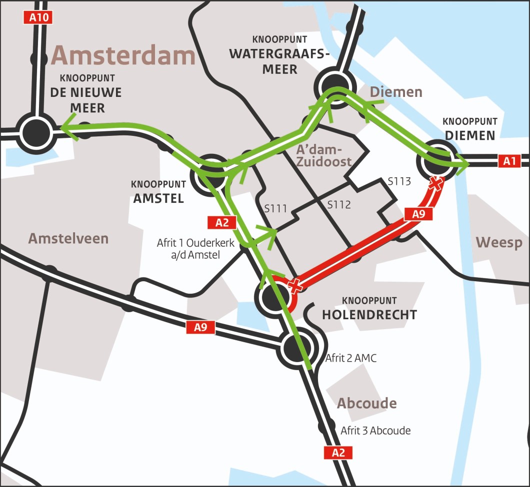 Let op! Dit weekend is de A9 Gaasperdammertunnel in beide richtingen dicht. Vanaf vrijdag 21.00 uur tot maandag 05.00 uur worden weggebruikers omgeleid via de A2, A10 Oost en de A1. Dit weekend werken we o.a. aan de software van de tunnel. rijkswaterstaat.nl/nieuws/archief…