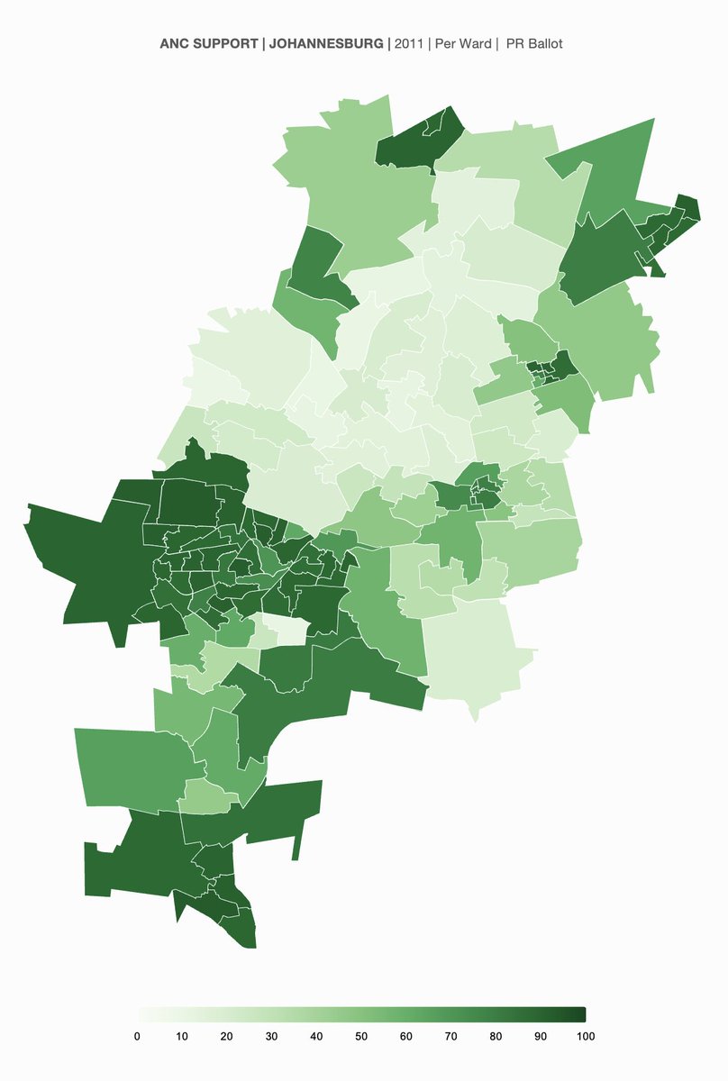 Q: Have created a series of shape files for JHB for 2011/14/16/19/21/24. They are maps of JHB by ward. Example below. Exciting! Can show anything: party%, turnout, top wards, difference between elections, etc. I’ll do them for all metros. What would you most like to see on them?