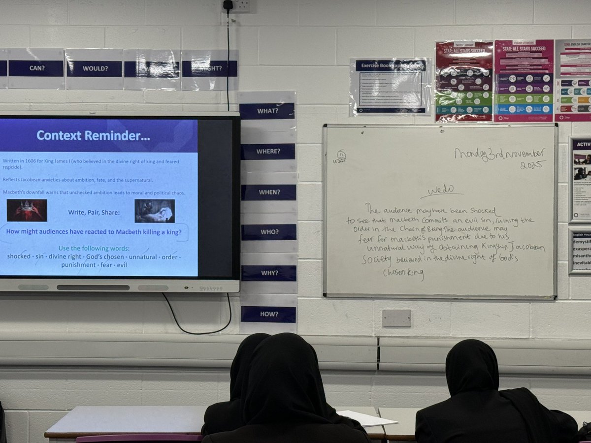 SmallHeathLA's tweet image. Fantastic Year 11 English lesson exploring the Divine Right of Kings — excellent cross-curricular links with History and Religious Studies. A strong ‘We Do’ model before students embarked on their independent analysis of Macbeth’s regicide. #ExcellenceInAction #WeDo