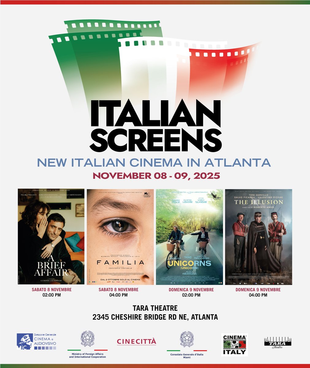 CinemaItalyFilm's tweet photo. THIS WEEKEND
“ITALIAN SCREENS” - a CINEMA ITALY Special Event
FREE and open to the public - Nov 8 &amp; 9, 2025
📍TARA Theatre Atlanta - first come, first served
🎬 FILM DETAILS &amp; TRAILERS: https://t.co/TDik0H0FaH https://t.co/VVnwOjXjn6 https://t.co/IMGBfp9ork