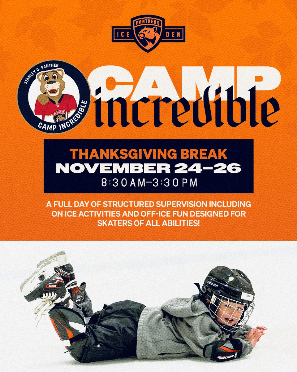 PanthersIceDen's tweet photo. 🦃 Get ready for a Thanksgiving break full of skating, games &amp; fun. Camp Incredible levels include: Learn to Skate, Intro to Hockey, and Figure Skating!
 
⛸️ On-ice fun for all skill levels 
🎨 Off-ice activities like games, crafts &amp; festive fall fun

https://t.co/Fc1OrENjT7 https://t.co/ly0XIEaMHo