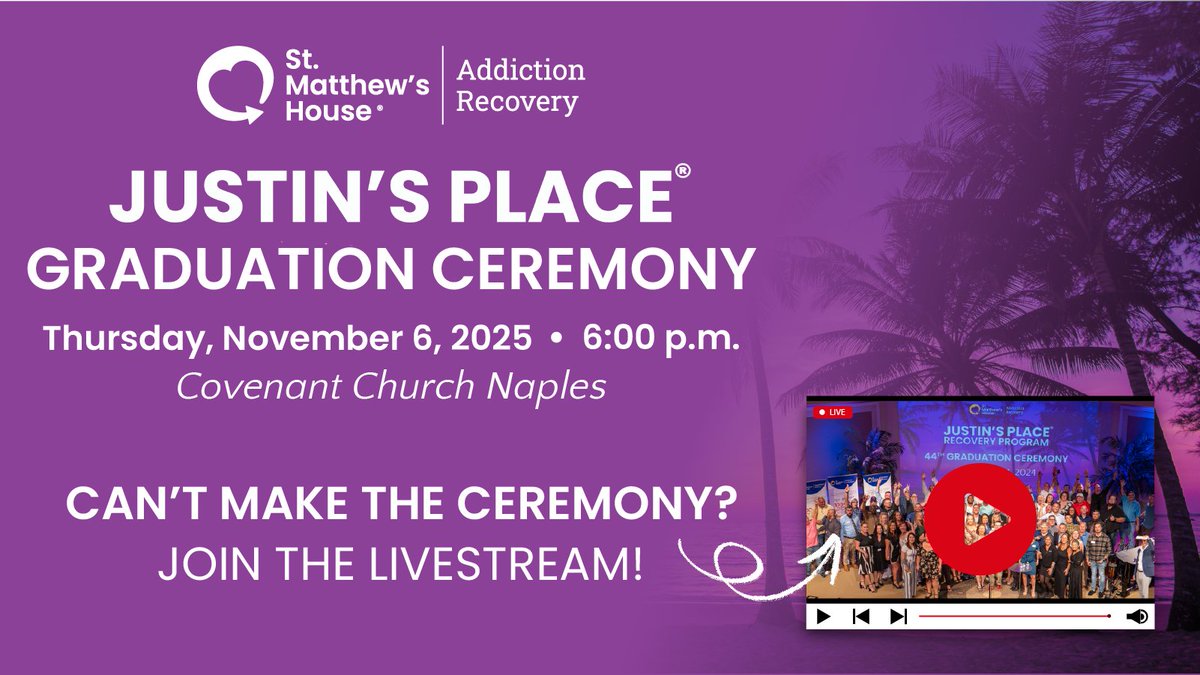 Can’t make it to our graduation in person? We’ve got you covered! You can watch the livestream on our YouTube channel through the link below. 👇
youtube.com/live/aqHbMoVrW…

#StMatthewsHouse #nonprofit #charity #SWFL #SouthwestFlorida #JustinsPlace 💜 #JustinsPlaceRecoveryProgram