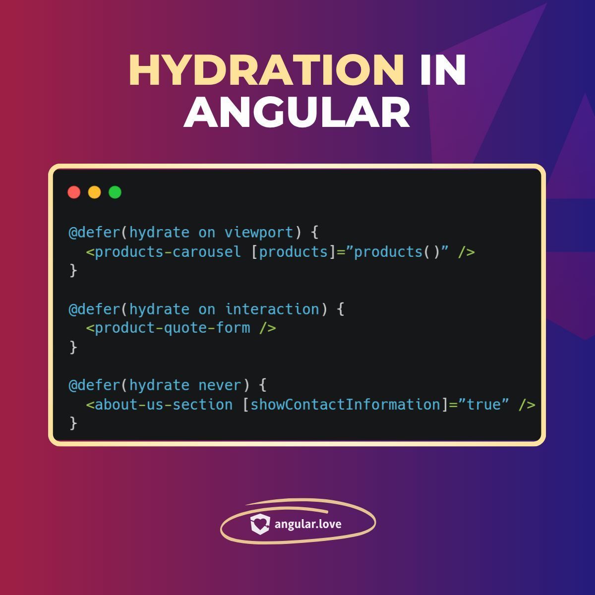 AngularLovePL's tweet image. What is hydration with Angular SSR?

💧 The server sends a complete, contentful HTML page → Angular “hydrates” it in the browser

⚡️ Event Replay:
If users interact before hydration completes, #Angular captures those events, stores them, and replays them once hydration is done,…