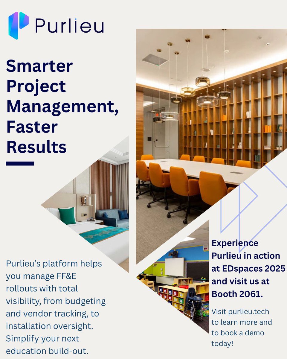 PurlieuTeam's tweet image. Smarter project management, faster results.
Manage every FF&amp;amp;E rollout with clarity, speed, and control — powered by Purlieu.tech.
See us at #EDspaces2025 Booth 2061 or visit purlieu.tech to book a demo today.
