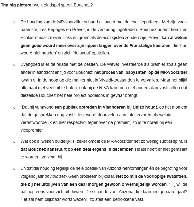 🤯"<a href="/Bart_DeWever/">Bart De Wever</a> werkte een compromis uit om 10 mld. te saneren. Meteen is er dan ruimte om de geplande verlaging van de lasten op arbeid met 1 mld. extra uit te diepen. Maar MR hapte niet toe. Welke alternatieven stellen ze dan voor? Er kwam geen antwoord."

Via <a href="/W16_Nieuwsbrief/">W16</a>
